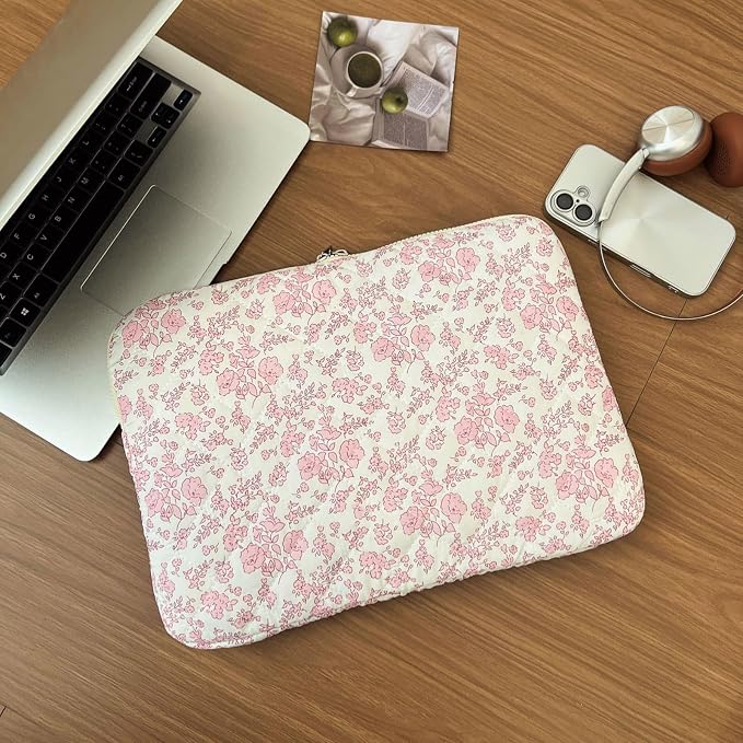 Puffy Laptop Sleeve 13-15.6 Inch Corduroy Quilted Laptop Protective Case Cute Floral Computer Sleeve Protective for MacBook