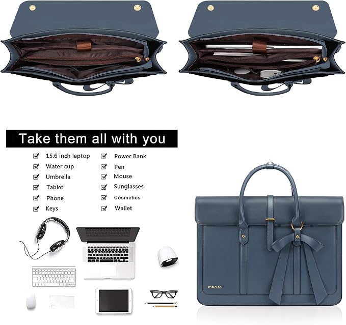 MOSISO Laptop Bag for Women, 15-15.6 inch PU Leather Laptop Shoulder Bags Convertible Backpack, 16 inch Messenger Bags Casual Handbag Work Briefcase Travel Computer Bag with Bowknot, Peacock Blue