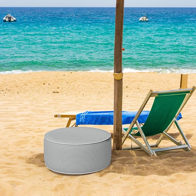 DYTXIII Inflatable Ottoman Stool D21 xH9 for Outdoor/Indoor Use, Water Repellent Patio Foot Rest Stool with Portable Handle,Round Pouf Ottoman Suitable for Garden,Deck and Camping - Stripe Grey