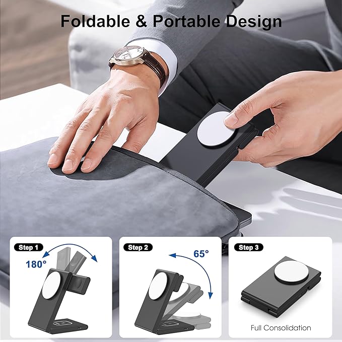 New Travel Foldable 3 in 1 Wireless Charging Station for Apple Magsafe Charger Stand,Fast Magnetic Wireless Charger Station for iPhone 17 Air 16 15 14 13 12 Series,Airpods Pro,Apple Watch Ultra