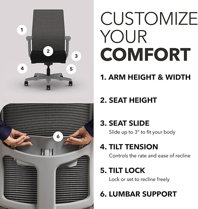 HON Ignition 2.0 Mid‑Back Ergonomic Office Chair, Mesh Task Seating with Lumbar Support, Advanced Synchro‑Tilt, Height and Width Adjustable Arms, Titanium Frame, Black