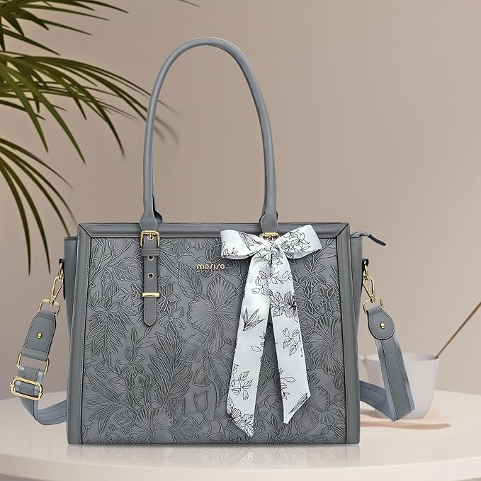 MOSISO Laptop Bag for Women, 15.6-16 inch PU Leather Tote Bag Compatible with MacBook, HP, Dell, Asus Notebook, Front Embossed Retro Hibiscus Computer Bags with Silk Scarf&Clutch Purse, Gray