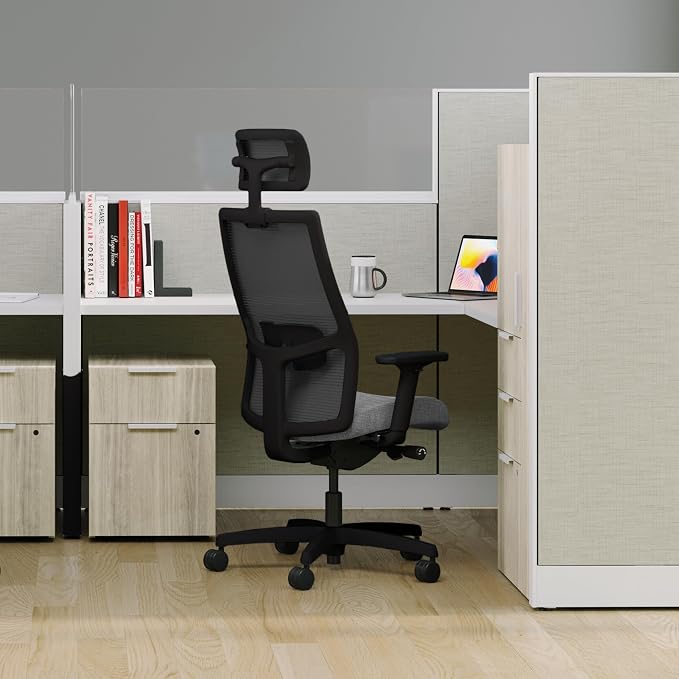 HON Ignition 2.0 Big and Tall Ergonomic Mesh Office Chair with Headrest, 450 lb Capacity, Extra‑Wide High‑Back Desk Chair with Adjustable Arms, Lumbar Support, Tilt Recline, Black Frame, Ash