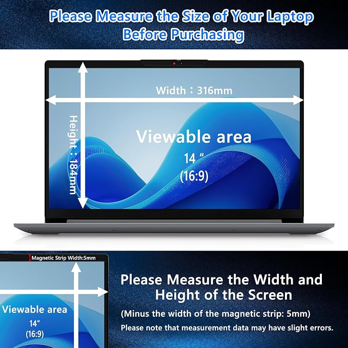 Magnetic Laptop Privacy Screen 14 Inch 16:9 Removable Notebook Laptop Privacy Filter Shield and Protector [Anti-Spy/Glare] Film for 14 inch (Width x Height: 316mm x 184mm)
