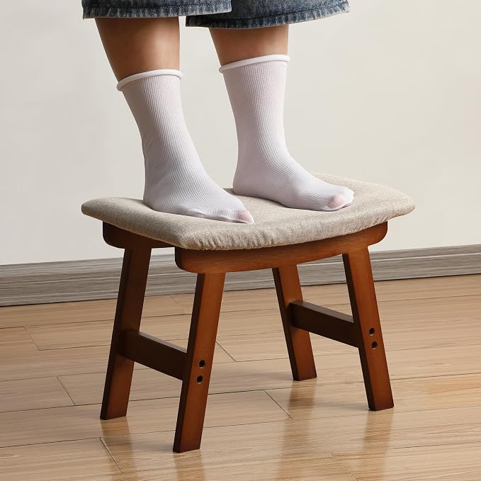 BAMBOO LAND- Bamboo Foot Stools Ottoman, Beige Cushion & Brown Wood Legs, Small Ottoman Foot Rest for Couch