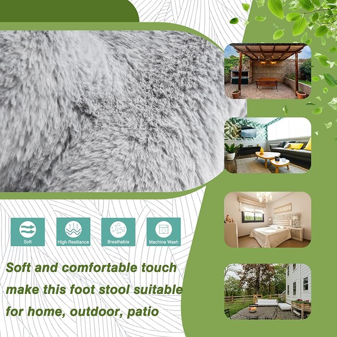 15" Foldable Foot Stool Ottoman with Metal Frame - Washable Faux Fur Grey Upholstered Indoor/Outdoor Footrest for Living Room, Bedroom, Patio - Space-Saving Compact Design