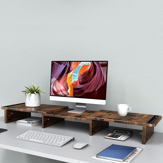 Zimilar Dual Monitor Stand Riser, Monitor Stand with Adjustable Length and Angle, Wood Monitor stand for desk, Monitor Riser for 2 monitors with Storage Space(Rust Brown Large)