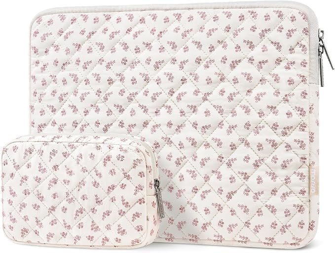 MOSISO Laptop Case 16 inch, 15-15.6 inch Puffy Laptop Sleeve Bag Compatible with MacBook Pro 16 M5 M4 M3 M2 M1, HP Acer Dell Lenovo ASUS, Elegant Little Blossom Square Quilted Bag&Small Case, Pink