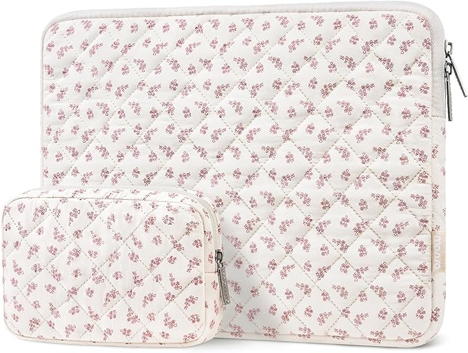 MOSISO Laptop Case 13.3 inch, 13-13.3 inch Puffy Laptop Sleeve Bag Compatible with MacBook Neo/Air 13.6/Pro 13/Pro 14, HP Dell ASUS Lenovo, Elegant Little Blossom Square Quilted Bag&Small Case, Pink