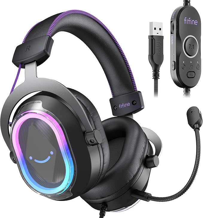 FIFINE Wired Gaming Headsets: 7.1 Surround Sound - Vibrant Customizable RGB - Game/Chat Balance, USB Gamer Headphones with Noise Canceling Microphone for PC, PS5/PS4, Laptop, Mac - AmpliGame H13BP
