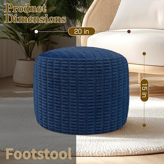 Round Corduroy Ottoman Foot Rest Pouf for Living Room Couch - Soft Plush Shredded Foam Filled Hassock Stool, Comfy Footstool for Adults (Navy - Chunky Corduroy, 20 INCH×15 INCH)