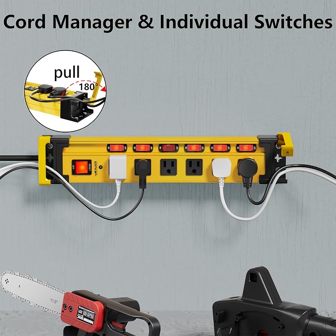 6 Outlet Heavy Duty 2700J Power Strip Surge Protector with Individual Switches Metal Mountable Power Strip with Flat Plug and Cord Manager, 6FT Long Extension Cord for Workshop, Workbench and Garage