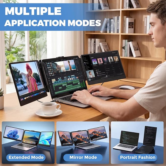 JoyReal Laptop Screen Extender, 14" FHD 1080P IPS Portable Monitor for Laptop, Triple Screen Extender Monitor USB-C/HDMI Plug-Play for Windows, Mac, Fit 13"-17.3" Laptops
