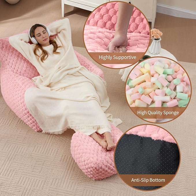 Bedroom Bean Bags Chair with Foot Stool, Comfy Reading Chair with Filler, Soft Faux Fur Pink Bean Bag Chair Lazy Beanbag Chairs for Adults, Gaming Bean Bag Chair