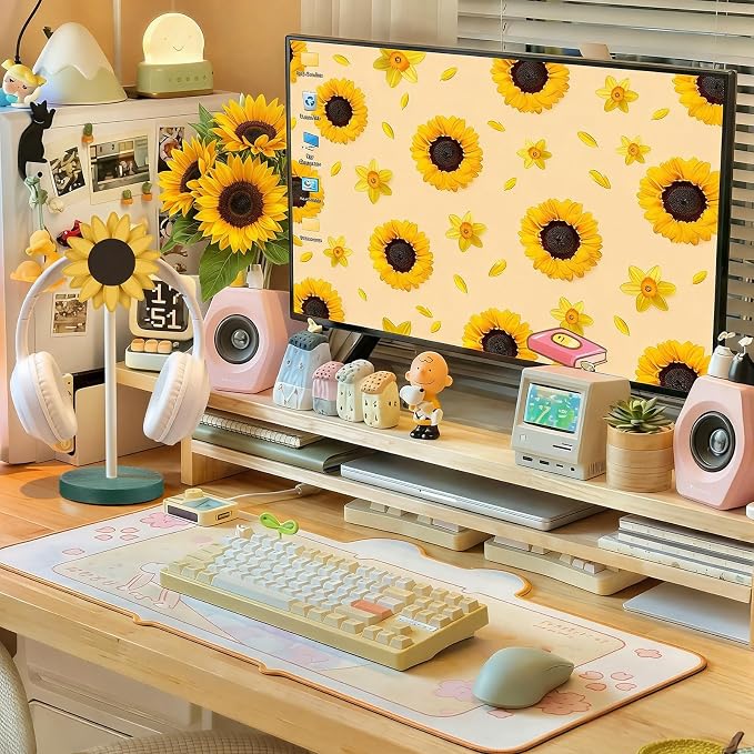 Yookeer Sunflower Headphone Stand Decorative Cute Sunflower Headphone Stand Yellow Wood Desk Decor for Gamer Room Office Desk Christmas Gaming Gifts for Women Office Worker