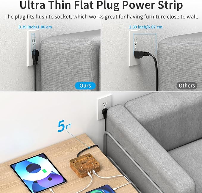TOPREK Power Strip Surge Protector (1080J), 8 Widely-Spaced Outlets with 1 USB-C & 2 USB-A, Wood Finish Power Strip with USB for Home, Office, Dorm, Travel, 5 FT Extension Cord with Flat Plug