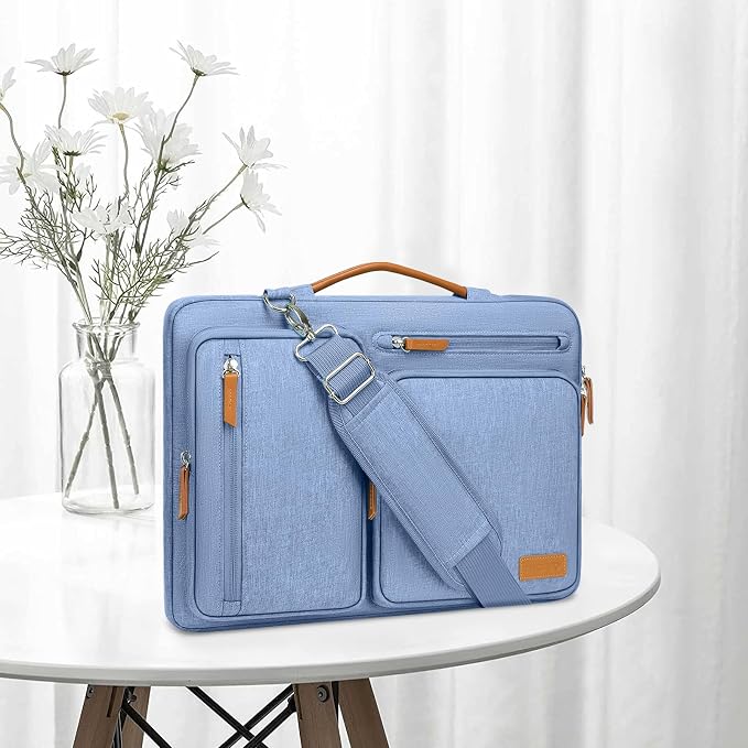MOSISO 360 Protective Laptop Shoulder Bag,15-15.6 inch Computer Bags Compatible with MacBook Pro 16 inch, HP, Dell, Lenovo, Asus Notebook,Side Open Messenger Bag with 4 Zipper Pockets, Sky Blue