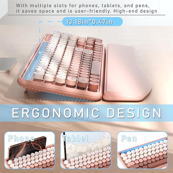 MPTOG Colorful Wireless Computer Keyboard and Mouse Combo with Phone Holder, Wrist Rest, Typewriter Keys, 2.4GHz Wireless, Full-Sized Optical Mouse for PC and Laptop(Peach Colorful)