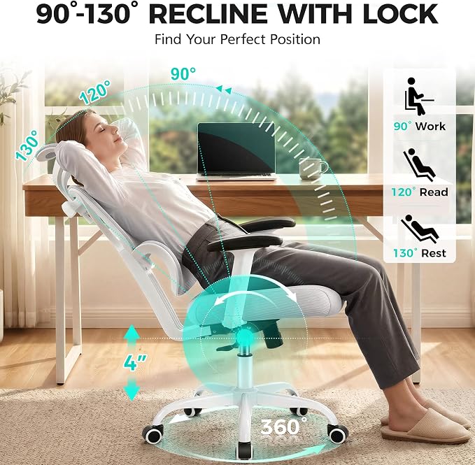 Ergonomic Office Chair High Back Desk Chair with Lumbar Support, Breathable Mesh Computer Chair with Adjustable Armrests Height, Reclining Swivel Big and Tall Gaming Chair for Home Office(Gray)