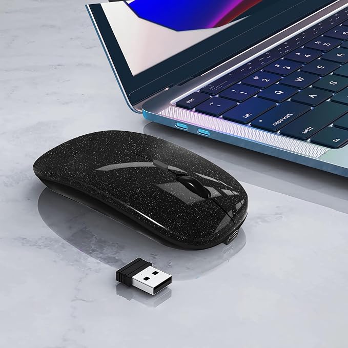 WREANU Wireless Bluetooth Mouse Rechargeable Laptop Mice Silent Slim Use(Bluetooth5.2 and Portable 2.4GHz USB Receiver)Dual Mode Computer Mouse for Laptop/iPad/Tablet/Apple/Computer/Mac(Bright Black)