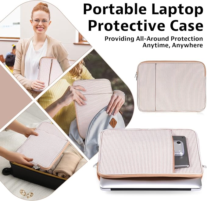 Huhumy Laptop Sleeve Case 13-13.3 inch for Women, Cute Seersucker Laptop Sleeve with Pocket Thin Computer Carrying Bag for Office Business Trip Compatible with Various Laptops Models(Khaki)