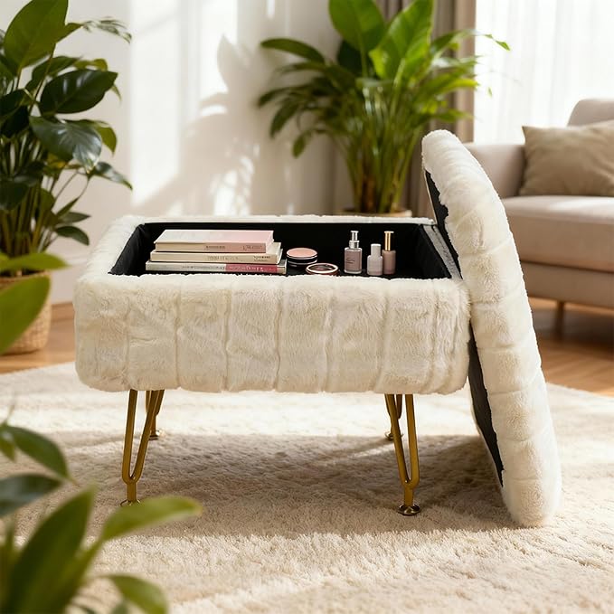 Small Foot Stool with Storage & Gold Metal Legs, Small Ottoman Foot Rest Under Desk for Couch, Chair, White Furry with High-Density Resilient Sponge