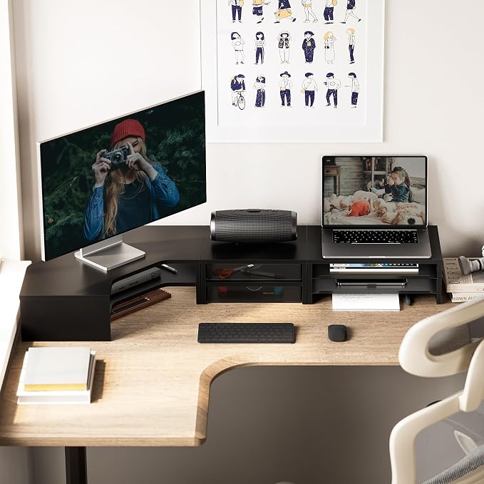 Fenge Dual Monitor Stand, Corner Monitor shelf with Drawer and Slide-Out Tray, 2 Tier Triangle Monitor Riser with Storage, Desk Shelf Organizer for Desk, Home Office, Computer, Laptop, Printer
