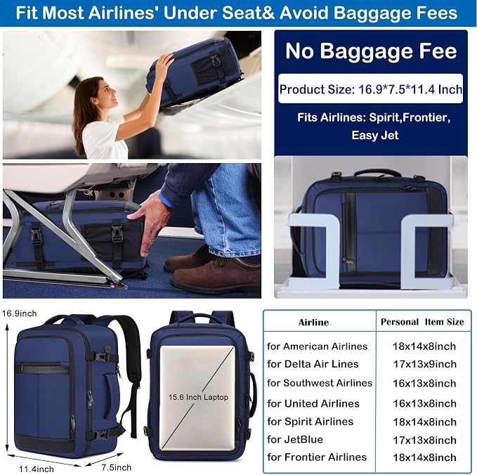 Travel Backpack for Men,Carry On Backpack with Shoe Pouch, TSA 15.6" Laptop Back Pack Flight Approved, College Gym Bag Casual Daypack for Weekender Business Hiking,Bookbag Travel Essentials,Blue
