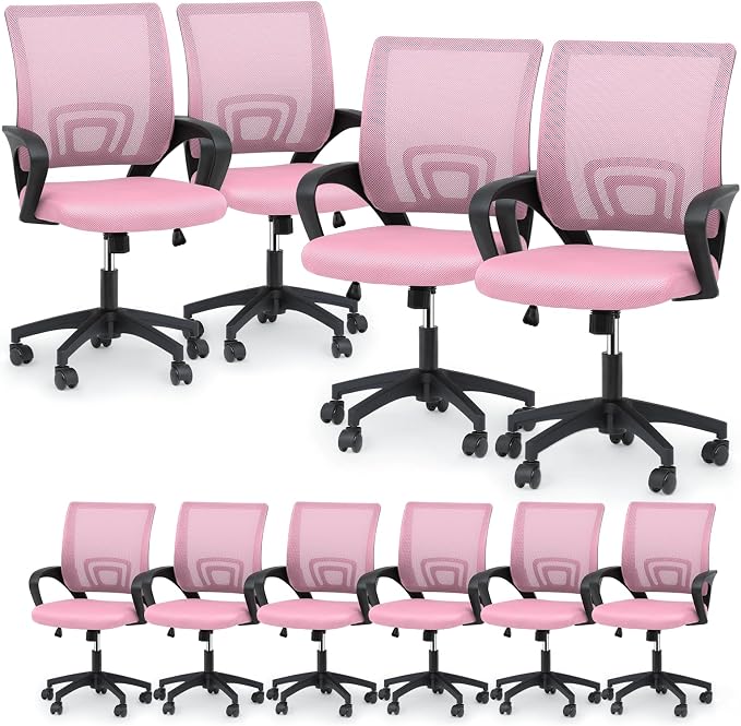 Magshion Ergonomic Office Chair 10 Pack, Mid-Back Mesh Desk Chair, Adjustable Swivel Computer Chair with Lumbar Support & Breathable Backrest for Gaming, Work, Study, 300 Lbs Capacity, Pink