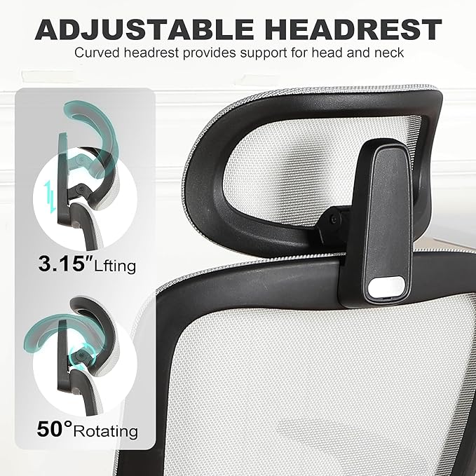 Ergonomic Office Chair with Footrest, Mesh Desk Chair with Adjustable Headrest & Armrests & Dynamic Floating Wing Lumbar Support, High Back Computer Chair for Home Office, BIFMA Certified, Grey
