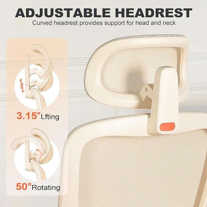 Ergonomic Office Chair with Footrest, Mesh Desk Chair with Adjustable Headrest & Armrests & Dynamic Floating Wing Lumbar Support, High Back Computer Chair for Home Office, BIFMA Certified, Beige