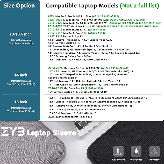 ZYB Laptop Case 14 Inch,Waterproof Laptop Sleeve 14 Inch for 14" Notebook/MacBook Air 15/14" Lenovo ThinkPad IdeaPad Asus HP Dell,2023-2025 MacBook Air 15 15.3 M4 M3 M2 etc with Accessory Bag-Black