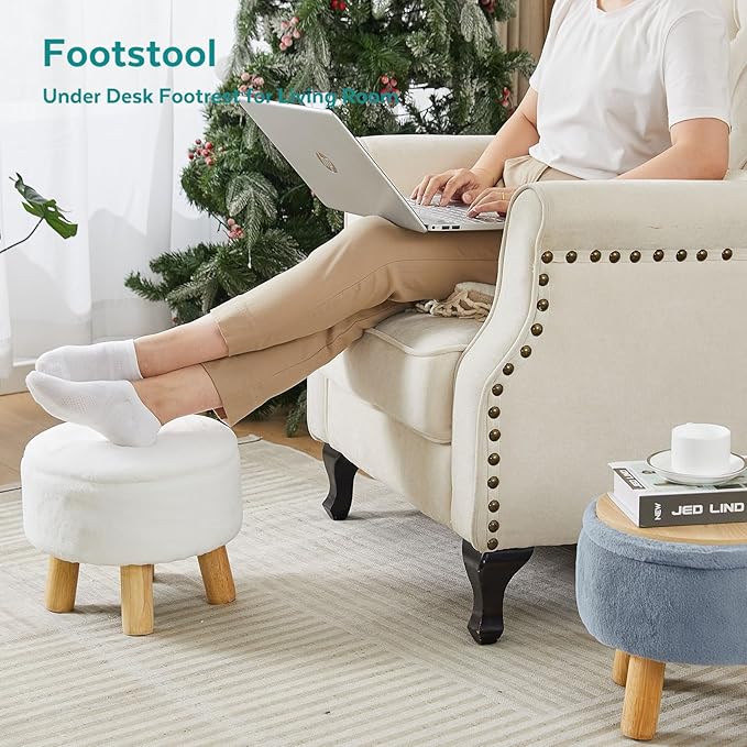 Small Foot Stool Ottoman with Storage, Soft Faux Fur Ottoman Foot Rest for Couch, Round Footstool with Storage, Small Ottomans and Footstools for Living Room and Entryway (Light Green)