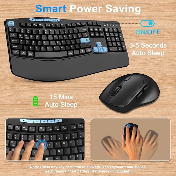 Wireless Keyboard and Mouse Combo, Ergonomic Keyboard with 6 Multimedia Keys, 2.4G Full Size Keyboard with Wrist Rest, 3-Level DPI Wireless Silent Mouse with 6-Buttons, for Windows (Blue Black)
