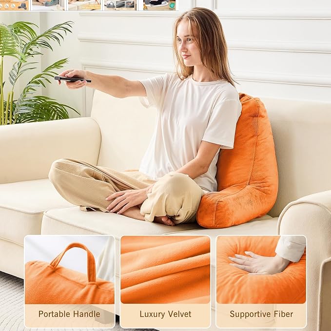 Sasttie Reading Pillow, Velvet Back Pillow for Bed Sitting Up, Adult Back-Rest Support Cushion with Arms for Sit Up on Couch, Sofa, and Floor, Dorm Essentials, Reading Accessories, Orange