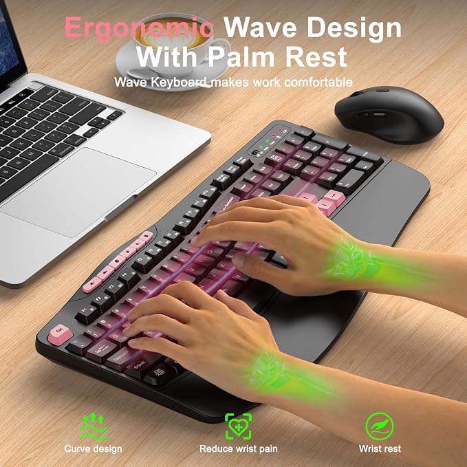 Wireless Keyboard and Mouse Combo, Ergonomic Keyboard with 6 Multimedia Keys, 2.4G Full Size Keyboard with Wrist Rest, 3-Level DPI Wireless Silent Mouse with 6-Buttons, for Windows (Pink)