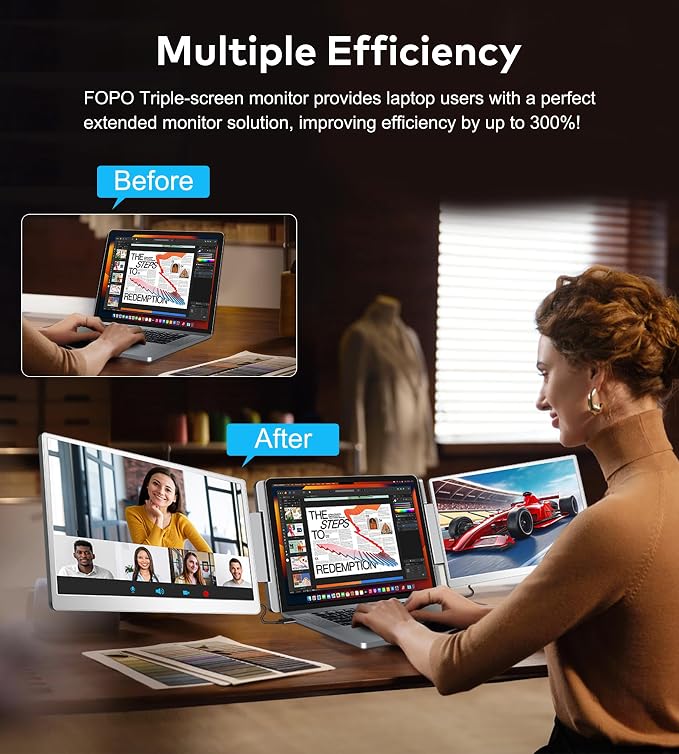 Laptop Screen Extender 16"- 1200P 16:10 FHD Triple Monitor for 12-18.5", Portable Monitor for Laptop with HDMI and USB-C Connectivity for MacBooks(NOT M1 M2 M3)/Wins, Chrome, Surface