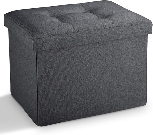LINMAGCO Small Storage Ottoman Stool Foot Rest Stool Under Desk Stool Short Folding Ottoman Linen Cloth Dark Gray 17X13X13IN