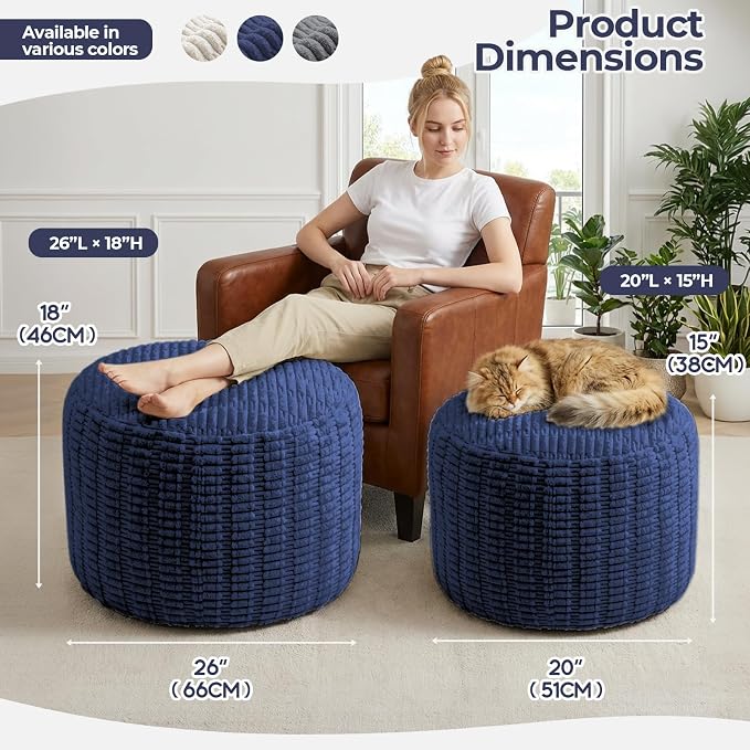 Round Pouf Ottoman Stuffed Corduroy Poufs Foot Rest with Foam Filling Fluffy Pouf Storage Ottoman Relax Stool for Living Room Couch 20 X 15 Inches, Blue