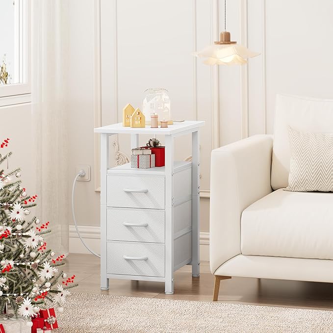 Vagusicc White End Table with Charging Station, Narrow Side Table, Narrow Nightstand with 3 Fabric Drawers, Slim Sofa Side Table for Small Spaces, Small Night Stand for Bedroom, White