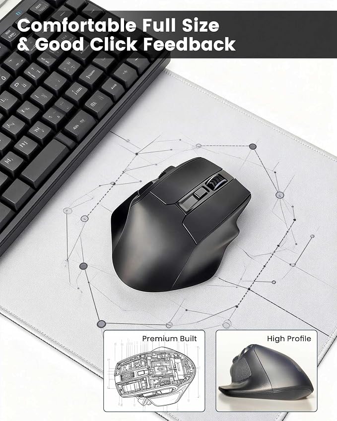 XUANGUI Wireless Ergonomic Mouse Comfortable Bluetooth Cordless Mice, Max 4800 DPI Ergo Witeless Mose with Side Buttons and USB Dongle, Battery Powered, Blue Tooth / 2.4G for Computer Laptop Macbook