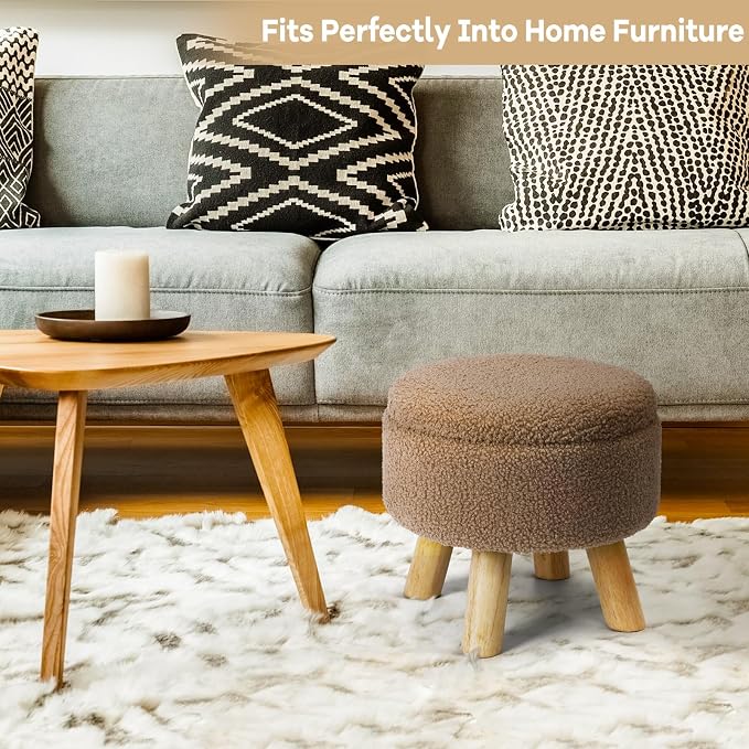 OGEMXU Ottoman Foot Rest, Small Round Ottoman with Storage, Boucle Teddy Velvet Footstool with Wood Legs, Soft Sponge Storage Ottoman for Living Room, Bedroom, Couch, Enterway (Camel Brown)