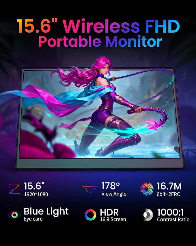 Portable Monitor 15.6 inch, Wireless Portable Monitor Support AirPlay Miracast, 1080P IPS Ultra Slim Travel Monitor with USB-C HDMI /VESA/Sleeve, External Monitor for Laptop/ PS4/5/Switch/Mac /Phone