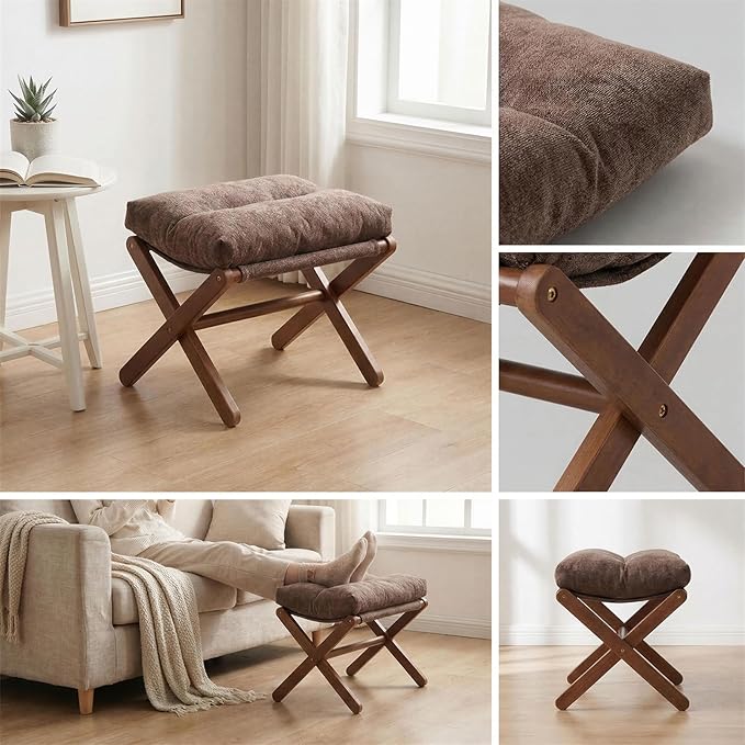 Baveke Ottoman Foot Rest- Bamboo Foldable Stool, Foot Stools Small Ottman with Upholstered & X Legs, Folding Stool for Makeup, Bedroom and Living Room (Small Brown)