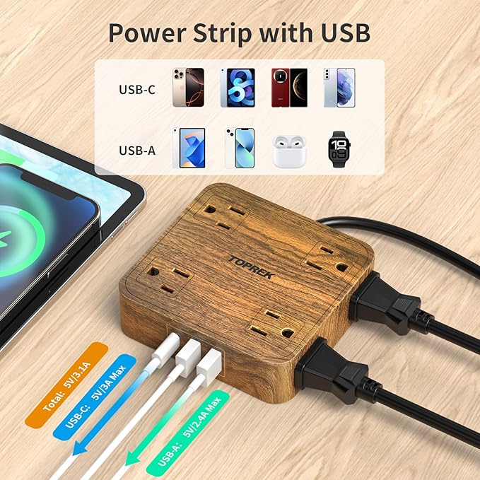 TOPREK Power Strip Surge Protector (1080J), 8 Widely-Spaced Outlets with 1 USB-C & 2 USB-A, Wood Finish Power Strip with USB for Home, Office, Dorm, Travel, 5 FT Extension Cord with Flat Plug