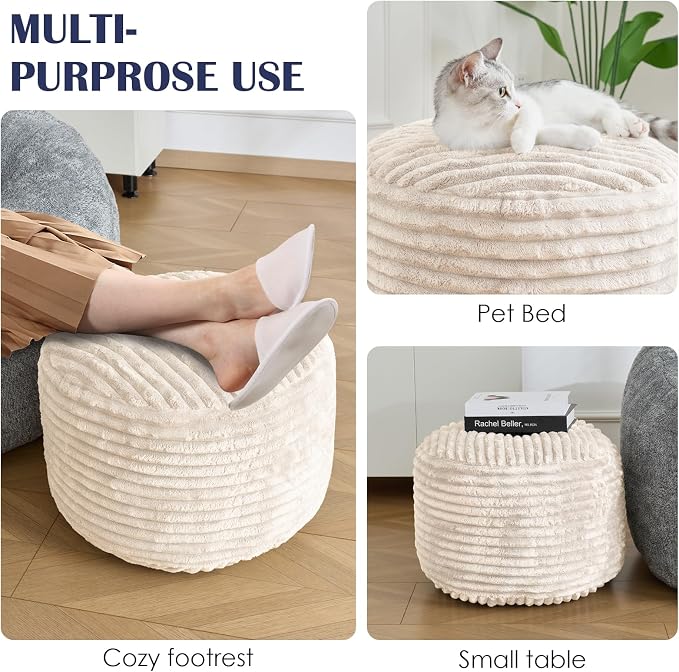 Round Ottoman,Corduroy Pouf Ottoman Foot Rest,Storage Footstool for Living Room,20x15 Soft Floor Poufs,Memory Foam Filling - Beige, 20x15 in