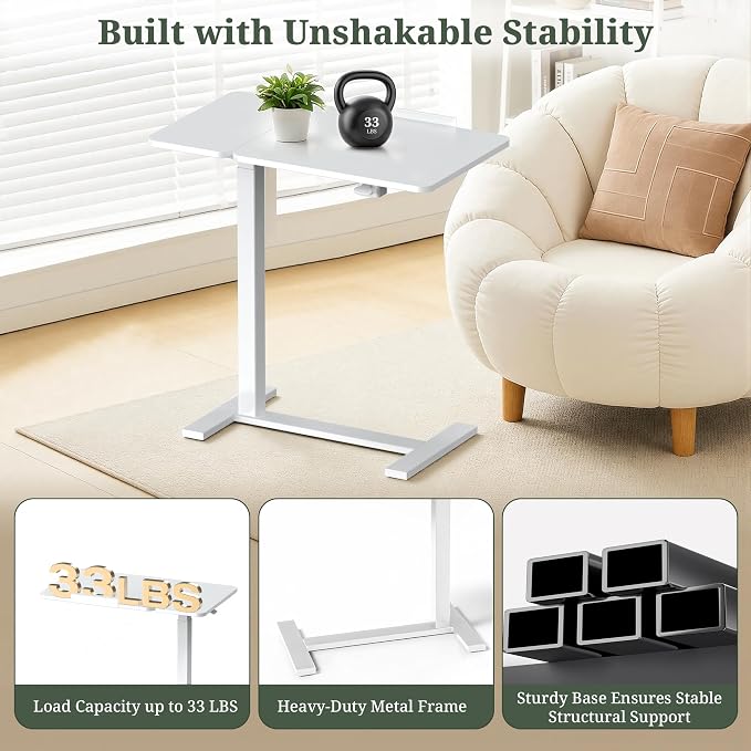 Mobile Standing Desk with Hidden Casters, Adjustable Height Desk, Portable Laptop Computer Table with Tilting Top, for Sit Stand Workstation, Compact and Sturdy for Home, Office, Dorm, White