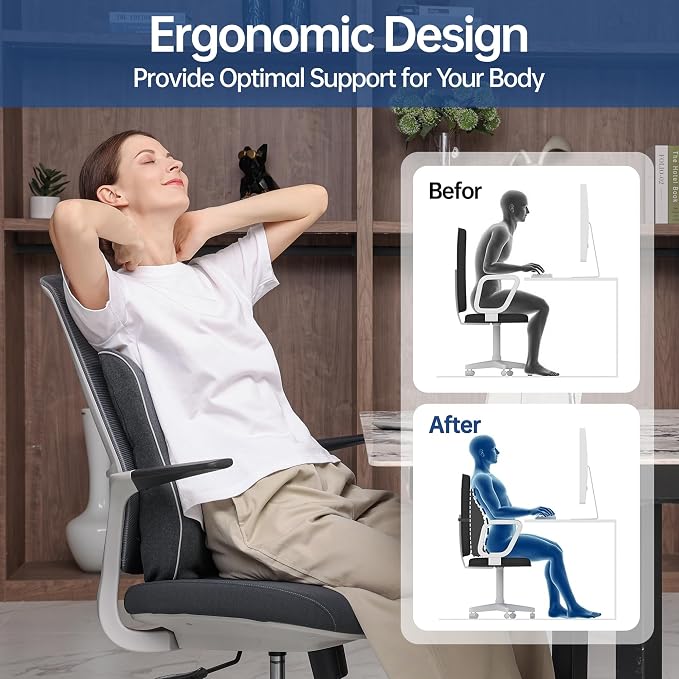 Lumbar Support Pillow for Office Chair Car Seat Gaming Chair, Memory Foam Back Support Pillow, Lumbar Cushion Back Cushion for Lower Back Pain Relief, Adjustable Strap Washable Cover-Dark Grey
