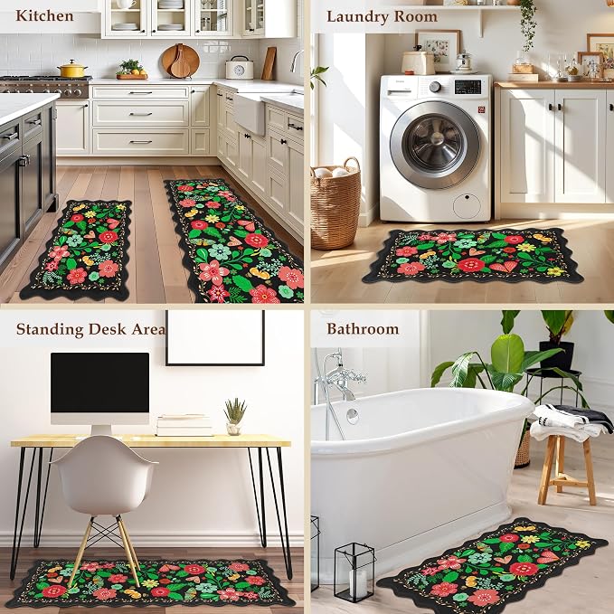 Arenarug Scalloped Black Kitchen Mats for Floor 2PC Cushioned Anti Fatigue Kitchen Mats Rugs Waterproof Non Slip Farmhouse Boho Floral Comfort Foam Standing Mat for Sink Laundry