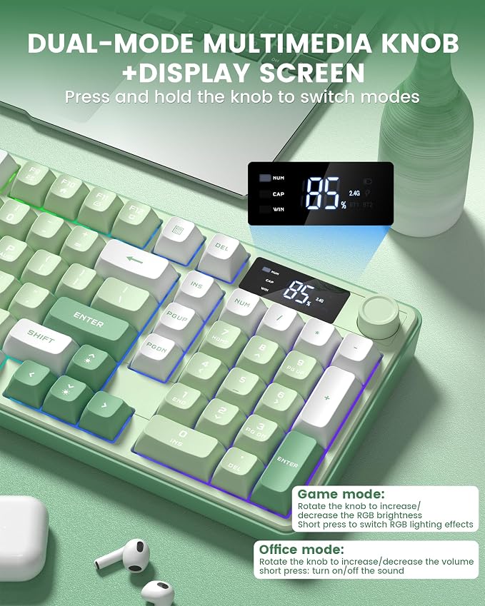 Keymatic Gaming Keyboard Wireless Creamy Keyboard with Media Knob & Screen Cute Keyboard Mechanical Feeling Membrane Keyboard with Number Pad RGB Backlit Tri-Mode BT/2.4GHz/USB-C - Green